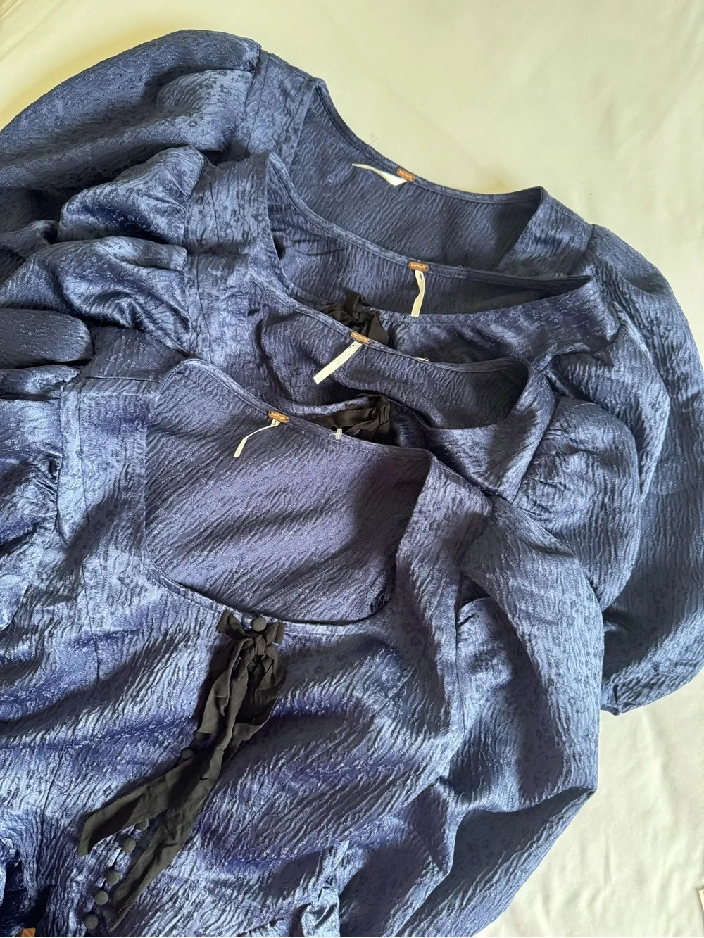 Free People Navy Peplum Blouse with Black bow, New plastic tag attached